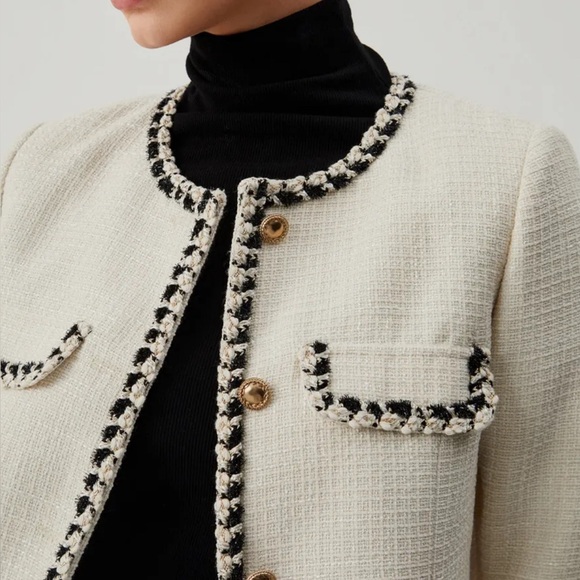 Commense Old Money Tweed Contrast Trim Metallic Button Jacket Cropped Blazer - Picture 2 of 8